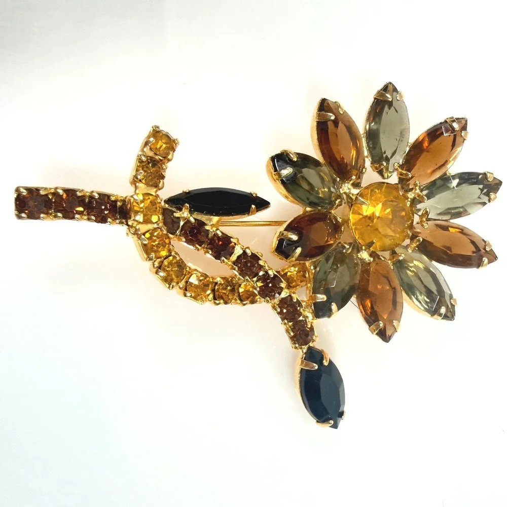 Vintage Flower Brooch Gold Tone Amber Brown Rhinestone Open Back 3 Inch Floral